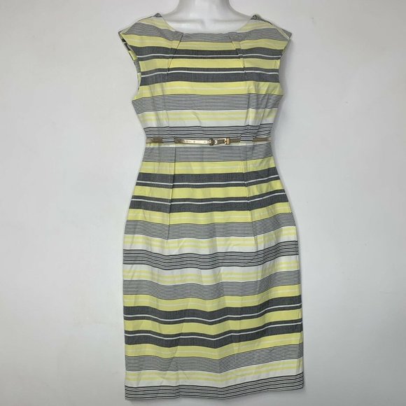 NWOT Calvin Klein Sheath Women Dress Size 6 Yellow‎ Gray Striped Sleeveless Zip - Picture 1 of 11